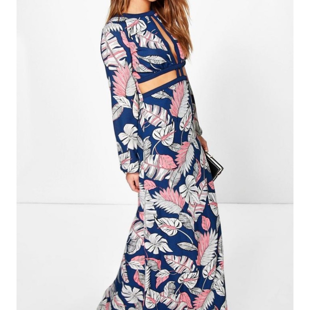 Blue leaf cut out printed maxi dress